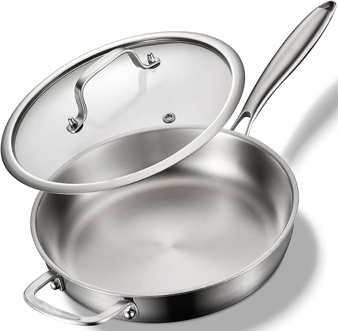 12-Inch Tri-Ply Stainless Steel Pan, PFOA and PTFE-Free Skillet Griddle, Stainless Steel Pan Set with Lid for the Kitchen, Induction-Compatible Cookware Sets, Dishwasher and Oven Safe