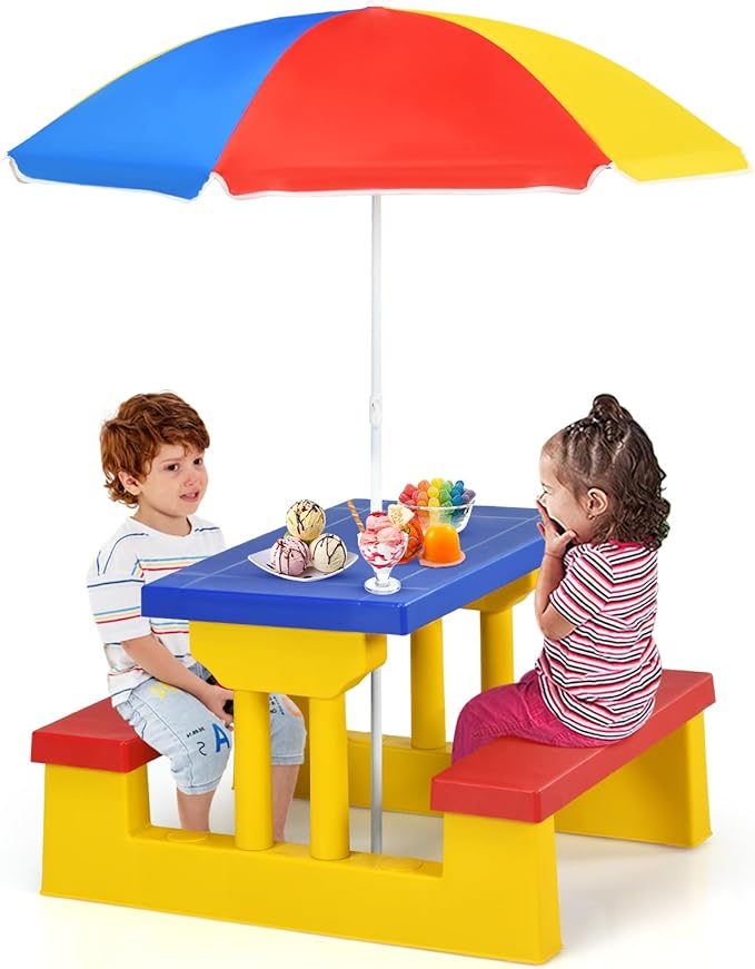 DORTALA Kids Picnic Table, Outdoor Toddler Table and Bench Set with Removable Umbrella, Plastic Kids Activity Table Set for Backyard, Garden, Nursery, Gift for Boys Girls Age 3+, Colorful