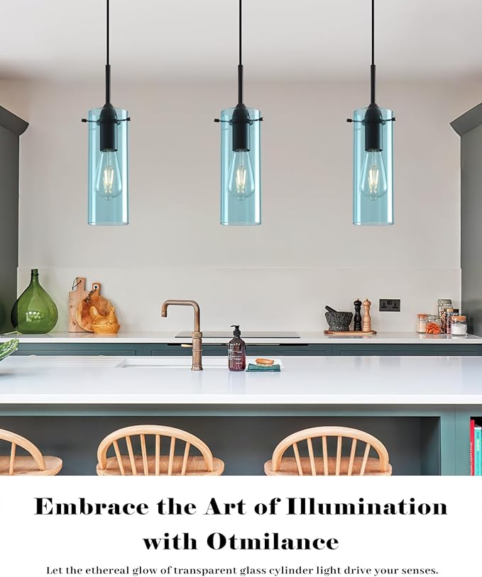 Blue Pendant Lights Kitchen Island 3 Packs, Blown Glass Pendant Light, Modern Glass Kitchen Pendant Light, Hanging Pendant Lights, Island Pendant Lights for Kitchen, Dining Living Bathroom