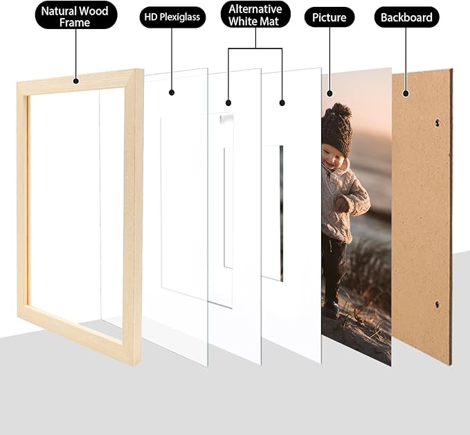 KINLINK 11x14 Picture Frame White Oak, Solid Light Wood Frames with Acrylic Plexiglass for Pictures 5x7/8x10 with Mat or 11x14 without Mat, Tabletop and Wall Display, Set of 4