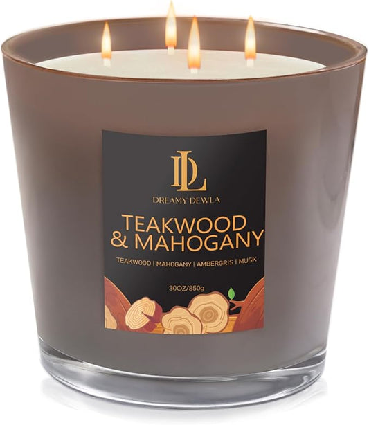Teakwood & Mahogany Scented Candle, Large 30oz Natural Soy Candles, 4-Wick 80 Hour Burn Time, Home Fragrance Candles Housewarming Gift for Women Men