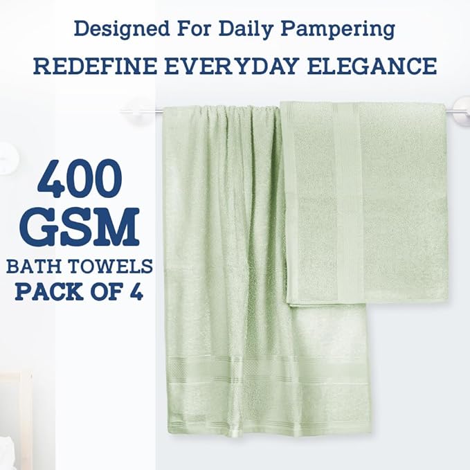 Casa Lino 4 Pack Bath Towels (27x54), 100% Pure Cotton, Luxury Bath Towels, Lightweight & Highly Absorbent, Quick Drying Towels for Bathroom, for Daily Use Bathroom, Light Sage