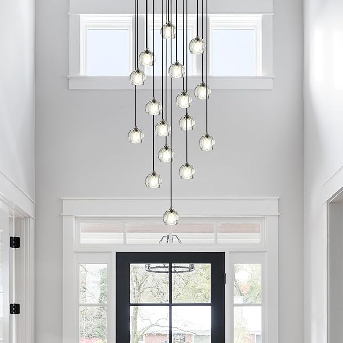 High Ceiling Foyer Chandelier, Brushed Black 16 Lights Crystal Staircase Chandelier, Modern Cut Pendant Raindrop Cluster Lighting Fixture for Entryway Living Room