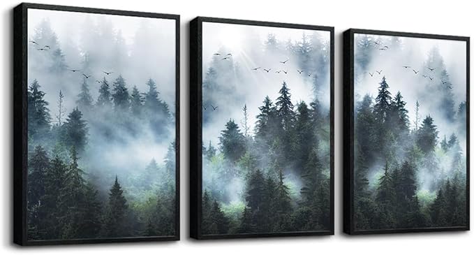 Large size Black Framed Wall Art For Living Room Wall Decorations For Bedroom Office Wall Decor Foggy Forest Paintings Trees Landscape Wall Pictures Prints Artwork Home Decor of 3 Piece Framed Art
