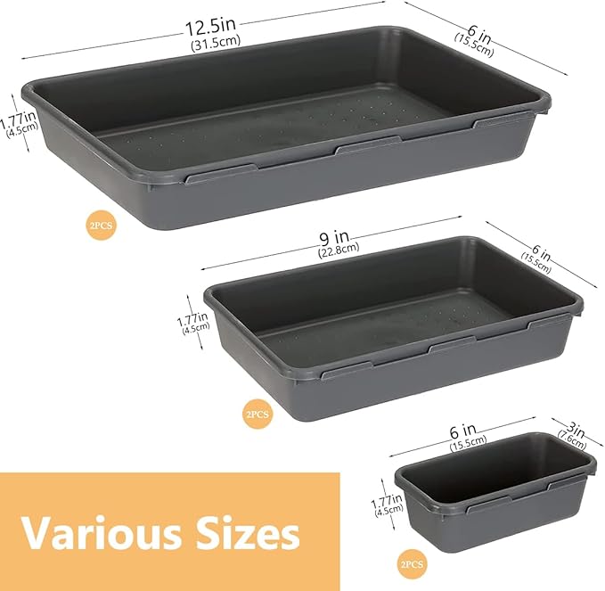 6 PCS Large Drawer Organizer, 3 Sizes Plastic Versatile Desk Drawer Organizer Trays, Kitchen Drawer Organization and Plastic Storage Bins for Makeup, Vanity, Kitchen, Utensils, Office, Bathroom