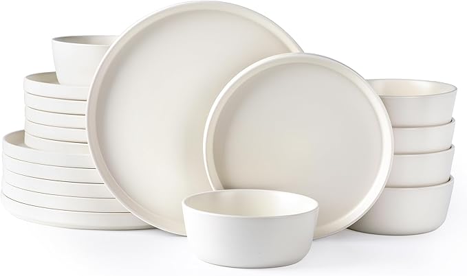 AmorArc Ceramic Dinnerware Sets of 6, Modern Flat Stoneware Plates and Bowls Sets,Chip and Crack Resistant | Dishwasher & Microwave Safe Dishes Set,Scratch Resistant- Service for 6 (18pc)-Matte Cream