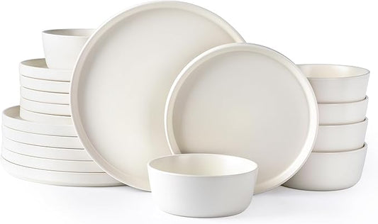 AmorArc Ceramic Dinnerware Sets of 6, Modern Flat Stoneware Plates and Bowls Sets,Chip and Crack Resistant | Dishwasher & Microwave Safe Dishes Set,Scratch Resistant- Service for 6 (18pc)-Matte Cream
