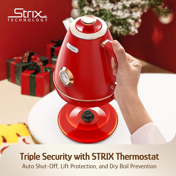 Hazel Quinn Retro Electric Kettle - 1.7 Liters / 57.5 Ounces Tea Kettle with Thermometer, All Stainless Steel, Fast Boiling 1200 W, BPA-free, Cordless, Rotational Base, Automatic Shut Off - Ruby Red