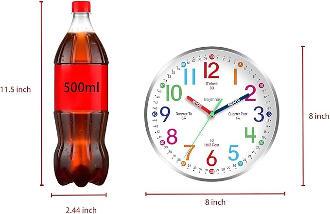 Wall Clock for Kids Learning to Tell Time Easily Non Ticking Battery Operated Kids Teaching Clock Silent Colorful Teaching Time Clock Decorative for Kids Room Classroom School (8 Inch)