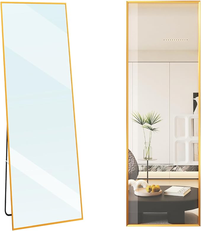 Tall Full Body Mirror, 55''x 18'' Full Length Mirror w Gold Aluminum Alloy Frame, Floor Not Fragile Tempered Mirror Leaning Against Wall for Living Room,Women Dressing Clothes Mirror