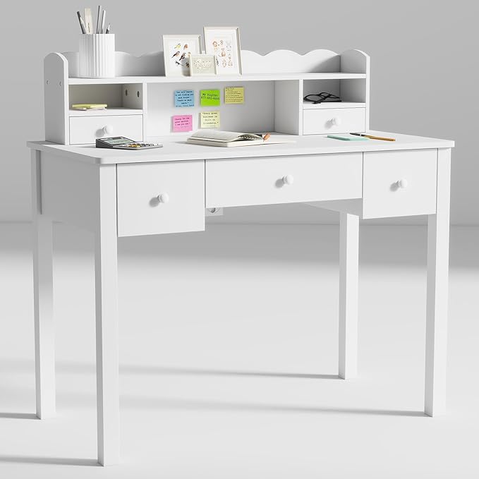 White Wrting Desk with Hutch and Drawers - 40 Inch Small Student Desk for Home Office, Study Desk for Teen
