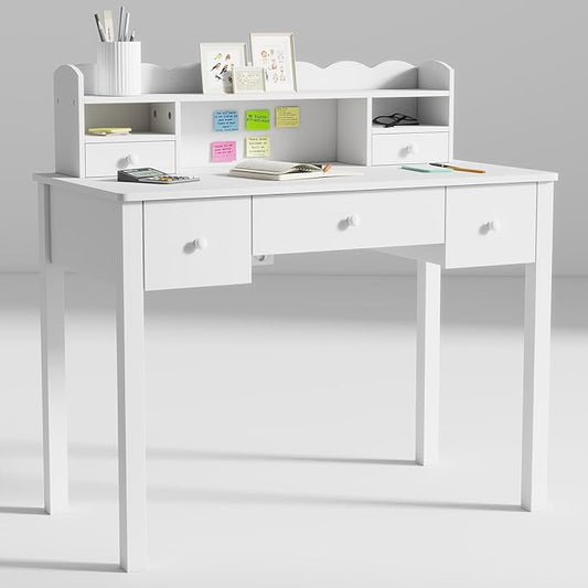 White Wrting Desk with Hutch and Drawers - 40 Inch Small Student Desk for Home Office, Study Desk for Teen