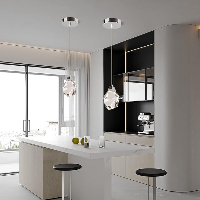 Modern Dimmable Pendant Light Fixtures, Single Crystal Hanging Lamp, Small Round Chrome Chandelier for Dining Room Living Room Bedroom Bathroom Kitchen Island (Round 1-Light)