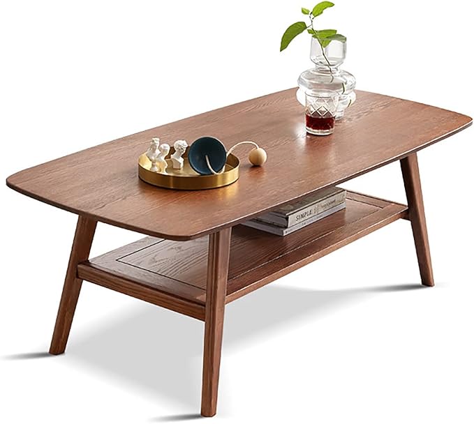 2-Tier Solid Oak Wood Coffee Table - Practical Center Table with Double Storage for Small Apartments, Living Rooms, Bedrooms, and Offices (Walnut, 31.49" D x 19.68" W x 17.32" H)