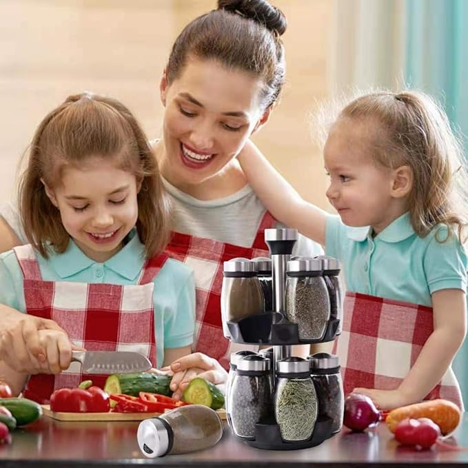 Revolving Spice Rack Organizer Storage for kitchen, Spice Stand Holder, Spinning Countertop Herb and Spice Rack Organizer with 12 Glass Jar Bottles Set