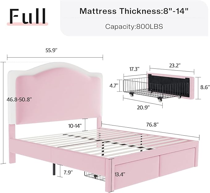 Jocisland Full Bed Frame with 51" Tall & Thick Adjustable Headboard, Storage Drawers, RGB LED Lights, No Box Spring Needed, Velvet Upholstered, Pink