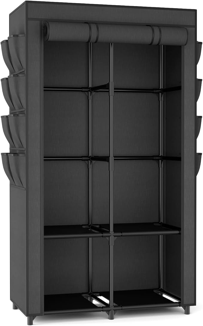 Portable Closet for Hanging Clothes, Portable Wardrobe Closet with Cover, 4 Storage Shelves, 2 Hanging Rods and 8 Side Pockets, Easy Assembly and Sturdy Free Standing Closet for Bedroom, Black