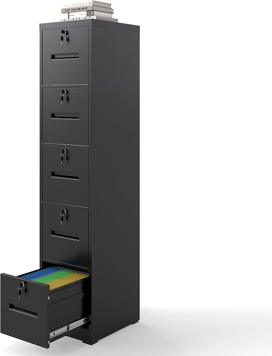 5 Drawer File Cabinet with 5 Individual Locks, Vertical Metal Filing Cabinet Home Office Narrow Locking File Cabinets for A4/Legal/Letter File Folders, Anti-Tilt Design, Need Assemble (Black)