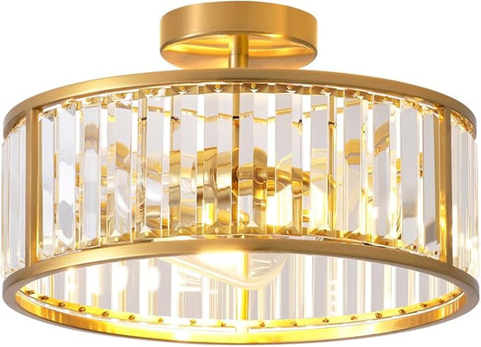 black flush Mount ceiling light, 3- lights caged crystal chandelier, small drum hallway light fixtures ceiling Mount, 14 INCH Brass Gold (3-Lights)