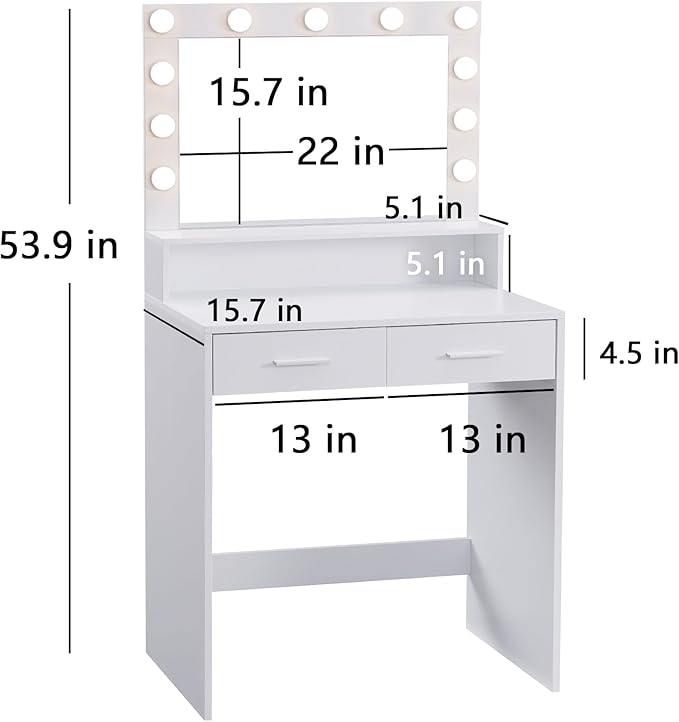 MIRROTOWEL Vanity Desk with Mirror and Lights, Dressing Table with Large Drawer, 2 Level Storage Dresser & 3 Lighting Modes Adjustable Brightness, Suitable for Bedroom
