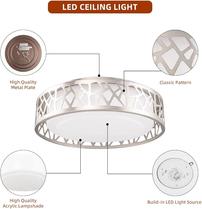 Ceiling Light Fixtures 2 Pack, 14 inch 20W 1400 Lumens LED Flush Mount, Dimmable 3000K Warm White, Brush Nickel Finished, ETL Listed Metal Body Acrylic Lampshade