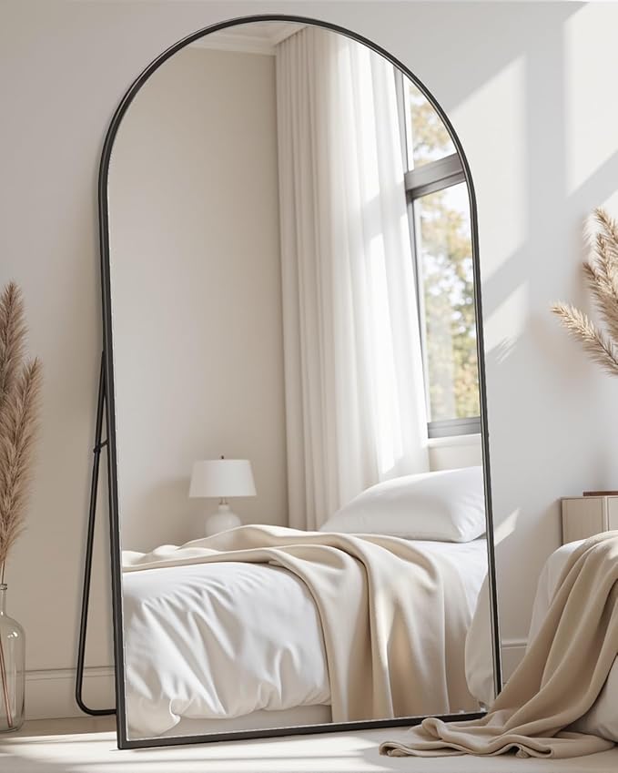 Full Length Mirror with Stand, 72"x44" Arched Full Body Mirror, Large Stand Up Aluminum Frame Floor Freestanding Hanging Leaning Mounted for Bedroom Living Room Entryway Black