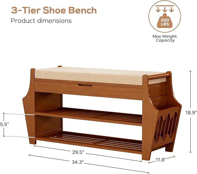 34.3in Shoe Bench, Bamboo 3-Tier Entryway Bench with Storage, Shoe Rack Organizer Holds Up to 330 lb, 34.3 x 11.8 x 18.9 Inches for Entryway Bedroom Closet Living Room Hallway