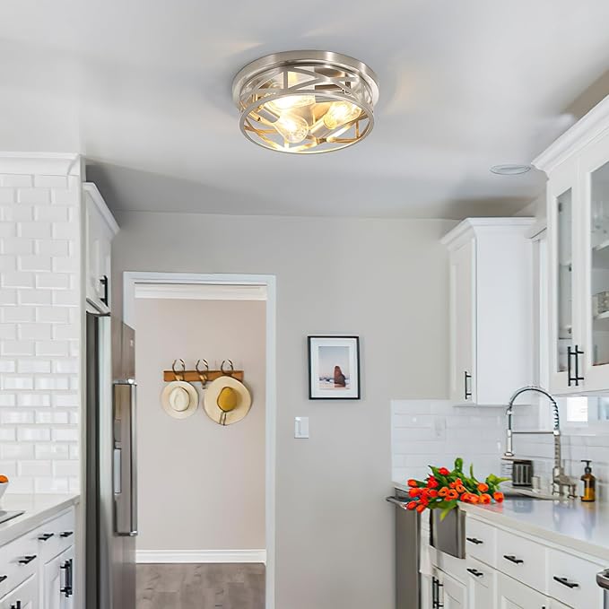 2 Pack Close to Ceiling Light Fixtures, 3-Lights Brushed Nickel Flush Mount Ceiling Light, 13 Inch Indoor Metal Cage Semi Flush Mount Ceiling Light for House Bedroom Laundry Hallway Kitchen