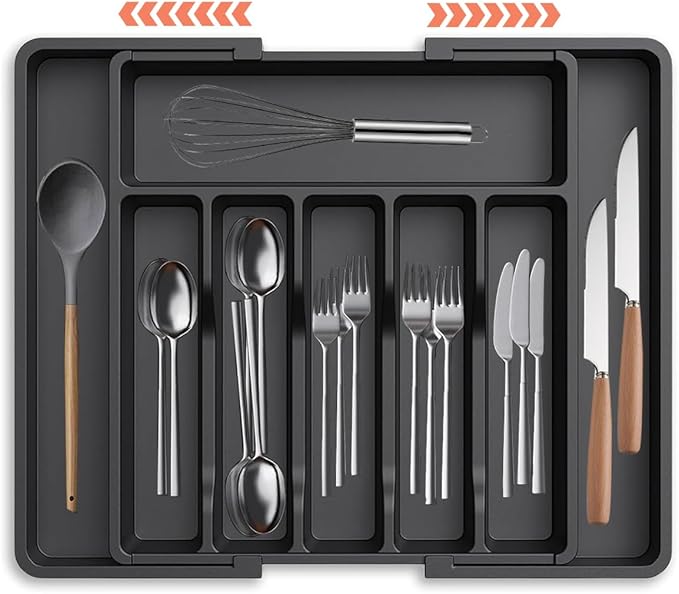 Silverware Drawer Organizer - Expandable Deep Utensil Organizer for Kitchen Drawers(Black)