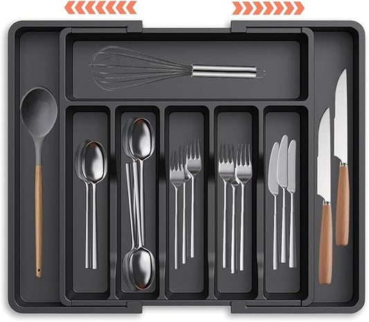 Silverware Drawer Organizer - Expandable Deep Utensil Organizer for Kitchen Drawers(Black)