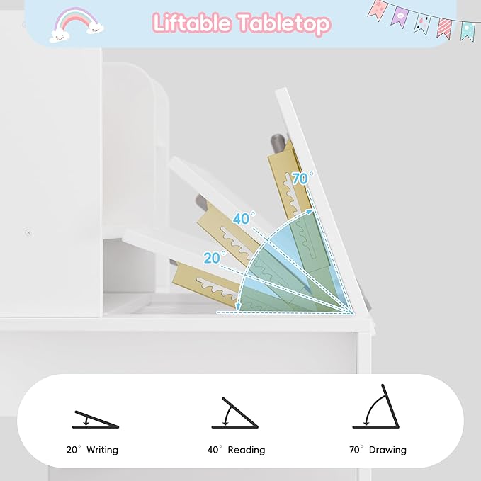 Kids Study Desk with Chair and Tiltable Desktop, Kids Stud Des and Chair Set with Hutch&Storage Cabinet, Wooden Children Study Table for 5-12 Years Old, Student Writing Desk for Bedroom (White)