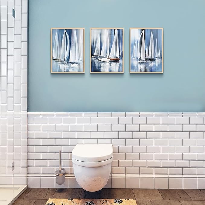 Wall Decorations For Living Room Natural Wood Framed Wall Art For Bedroom Office Wall Decor Wall Hanging Decor Abstract Seascape Sailboat Artwork For Wall Painting Print Pictures Home Decor 3 Piece