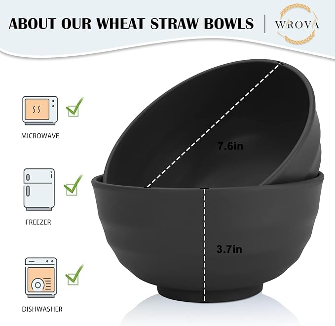 Wheat Straw Bowls Set 60 OZ Unbreakable Large Cereal Bowls Set of 6 Microwave and Dishwasher Safe Bowls Big Bowls for Camping and Picnic BPA Free Soup Bowl for Serving Oatmeal and Salad. Black