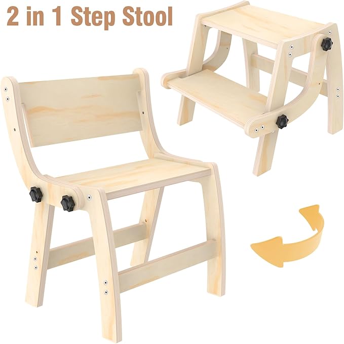 Toddler Step Stool, 2 in 1 Folding Step Stool for Kids, Toddler Stool for Bathroom Sink & Potty Training, Wooden Step Stools w Non Slip Base for Kitchen, Bedroom, Turns into Kids Chair