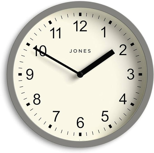 JONES CLOCKS® Spin Wall Clock | Small Modern Round Clock | 20cm | Gray | Easy to Read Numbers | Ideal for Kitchen, Office, Children’s Room or Any Small Space