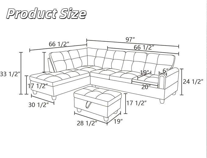 L-Shaped Sectional Sofa with Movable Chaise & Storage Ottoman, Lounge 3-Piece Modular Convertible Couches for Living Room, Apartment & Office, Blue