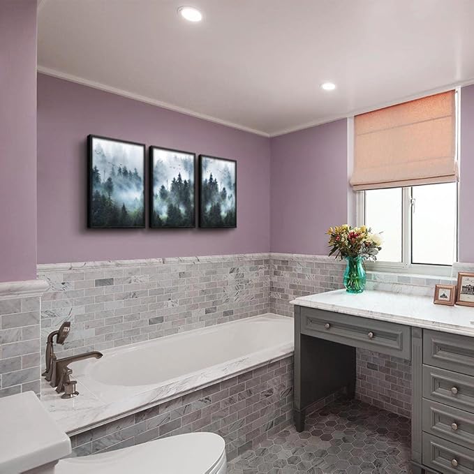 DZRWUBHS Black Framed Wall Art - Foggy Forest Paintings, Trees Landscape - 3 Piece Framed Art for Living Room, Bedroom & Office Decor