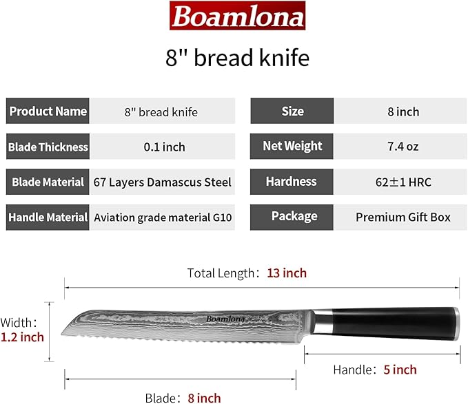 Damascus kitchen Knife, Japanese VG10 Steel Core, Sturdy & Durable G10 Handle, Real 67 Layer of Patterns, Includes Sheath and Gift Box (8" Bread Knifee)