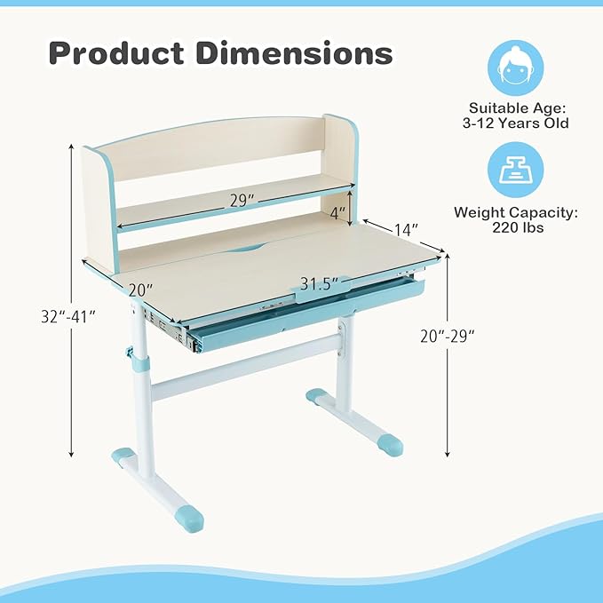 Costzon Kids Desk, Height Adjustable Children Study Desk with Tilt Desktop, Storage Drawer, Hutch, Scale Ruler, Student Writing Table School Desk for Boys Girls Bedroom, Desk for Kids (Blue)