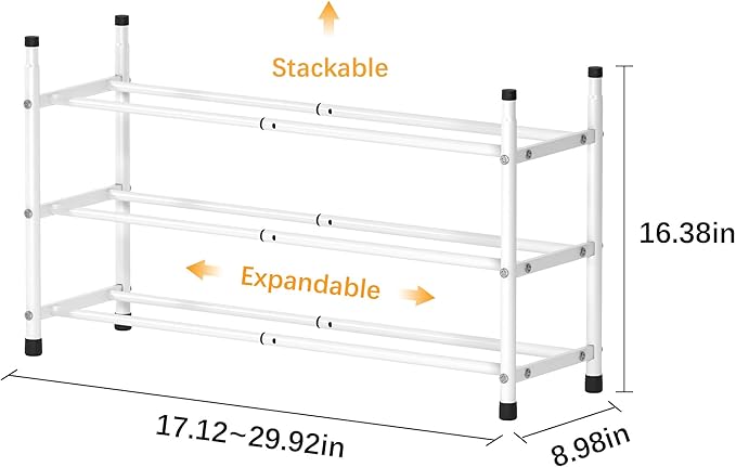TZAMLI 3-Tier Shoe Rack for Closet, Expandable and Stackable Shoe Organizer Adjustable Metal Shoe Storage Small Shoe Shelf for Entryway Entrance, White