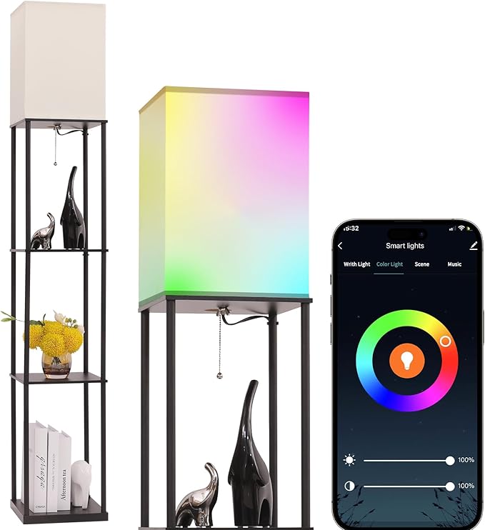 Floor Lamp with Shelves, with Modern Square Standing Lamp with Smart APP Control RGB Bulb, Corner Display Bookshelf Lamp for Living Room, Bedroom and Office (black-9RGB)