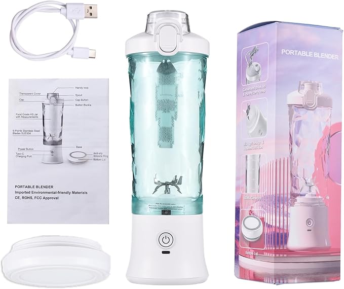 20 Oz Portable Blender for Shakes Smoothies, Travel Gym Home Office, Personal Size with 6 Blades, Waterproof USB Rechargeable Handheld Blender Cup, Black