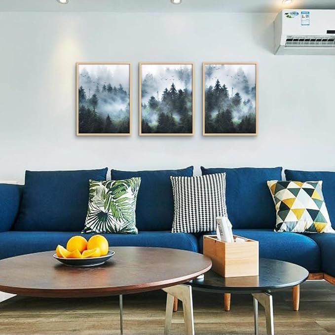 Framed Canvas Wall Art For Living Room Family Wall Decorations For Bedroom Wall Decor Foggy Forest Trees Landscape Paintings Room Pictures Artwork Home Decor Canvas Art Prints(Natural Wood Framed)