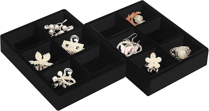 DesignSter Small Jewelry Tray-Ring Organizer 2PCS Premium Velvet Rings Earrings Display Tray Storage Insert Holder for Jewelry Box, Drawer, Dresser (6 Grids, Black)