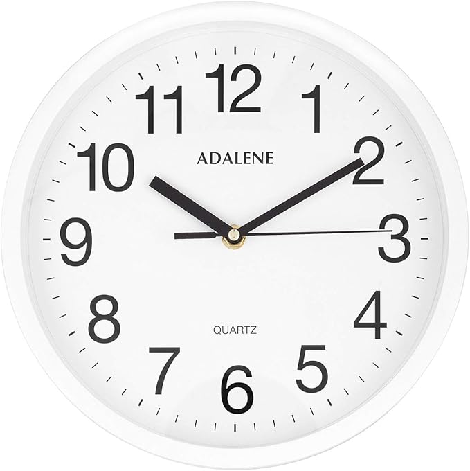 Adalene 10 Inch White Wall Clock Battery Operated Non Ticking - Completely Silent Wall Clock for Kitchen Office School Classroom Bedroom Bathroom