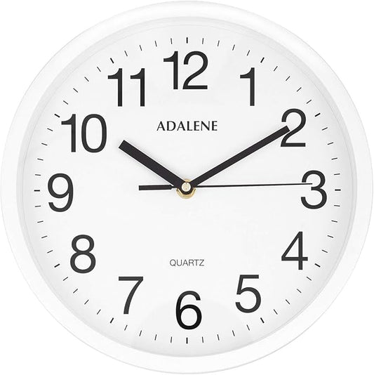Adalene 10 Inch White Wall Clock Battery Operated Non Ticking - Completely Silent Wall Clock for Kitchen Office School Classroom Bedroom Bathroom