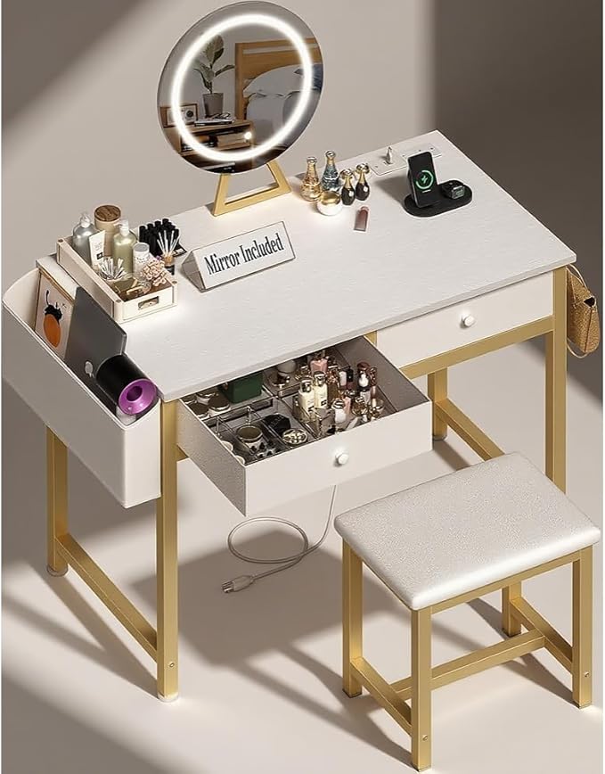 Makeup Vanity Desk with Mirror and Lights - Girls White and Gold Vanity Table Set with Chair, Fabric Drawers, Power Outlet, Small Modern Make Up Dressing Table for Bedroom