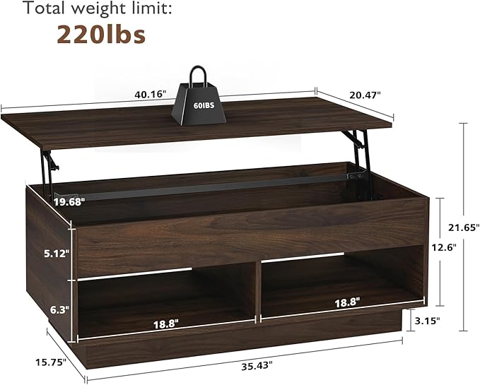 HOMMPA Lift Top Coffee Table with Storage for Living Room,Mid Century Modern LED Coffee Table, 3 Tiers Farmhouse Wood Center Tea Table with 2 Open Shelves，Walnut
