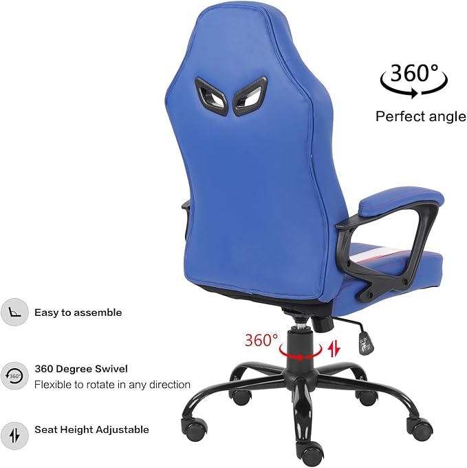 Modern-Depo Ergonomic Gaming Chair for Teenagers Juniors, High Back Swivel Racing Computer Chair, Height Adjustable Racing Gaming Chair, Soft Padded Armrest, Blue White