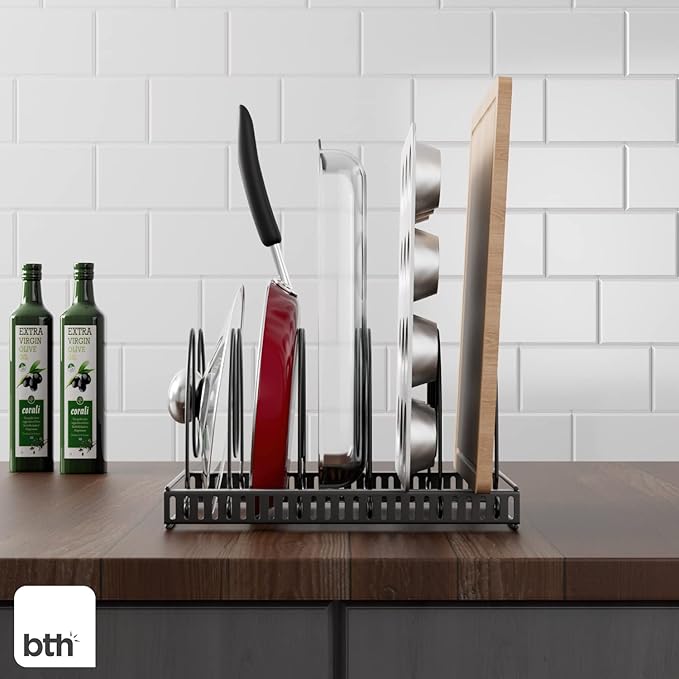 Compact Pan & Pot Lid Organizer Rack with 6 Adjustable Dividers | Steel Single Rack for Kitchen Cabinet, Drawer & Pantry – Deep U-Shaped Dividers, No Assembly Needed